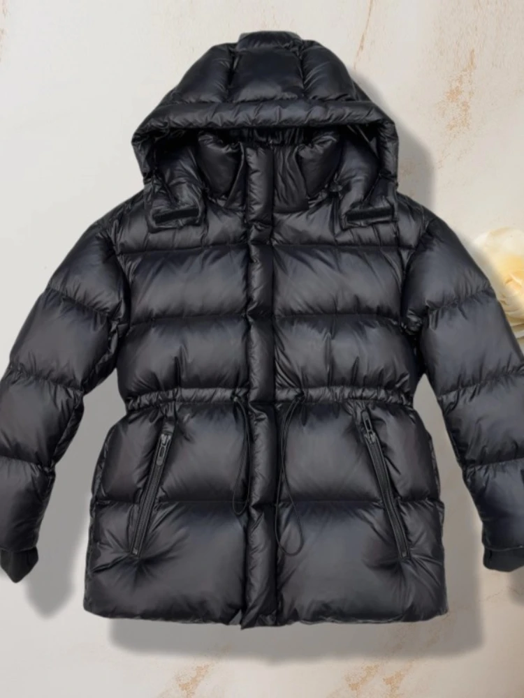 Abrigo acolchado negro para mujer, chaqueta nueva de invierno, Parkas con plumón de pato blanco de cintura alta, ropa de nieve gruesa y holgada con capucha, 2025