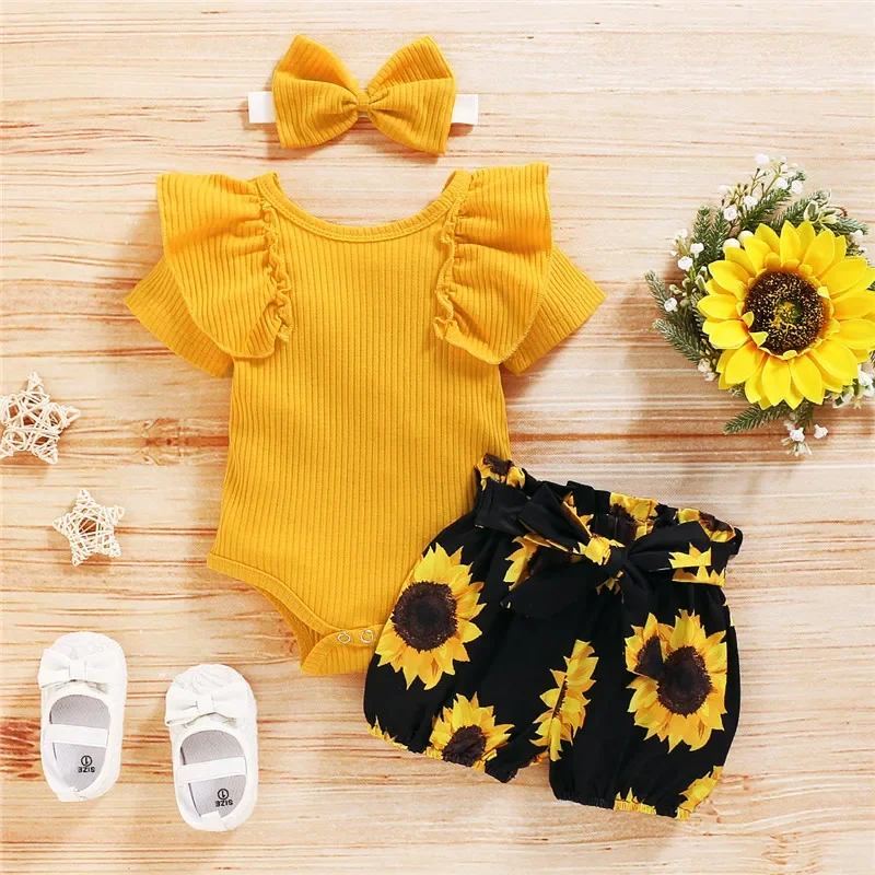 0-24months Toddler Girl 3pcs Clothes Set Yellow Ruffled Romper + Sunflower Print Shorts + Bow Headband Outfits For Baby Girls