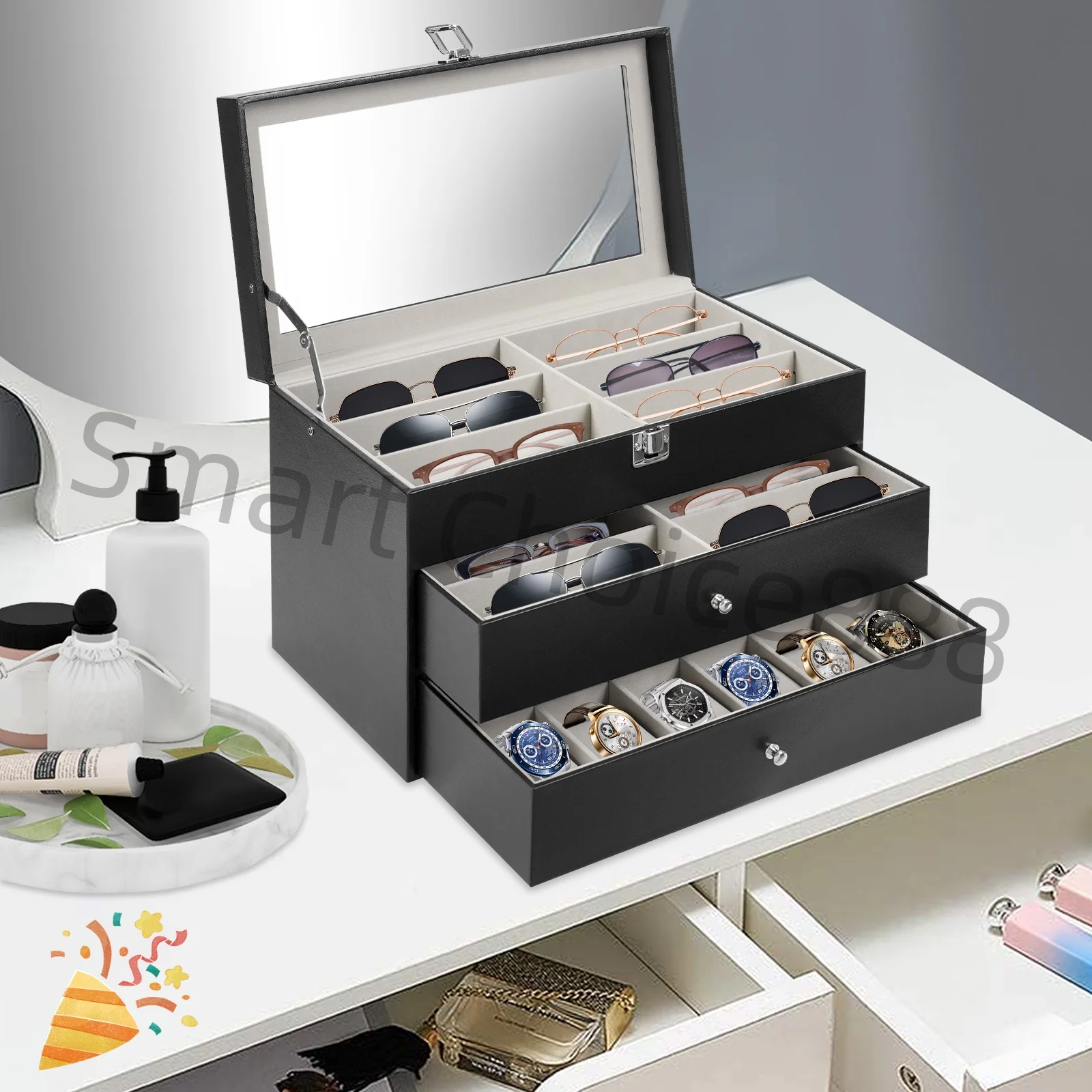 

12-Slot Eyeglass Case+12-Slot Watch Organizer Jewelry Display Case 3-Layer Storage Box w/Glass w/Protective Compartments