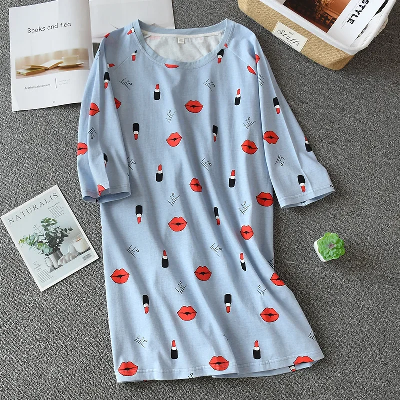 Spring and summer new Nightgowns 100% cotton printing loose large size home service ladies night skirt thin section short sleeve