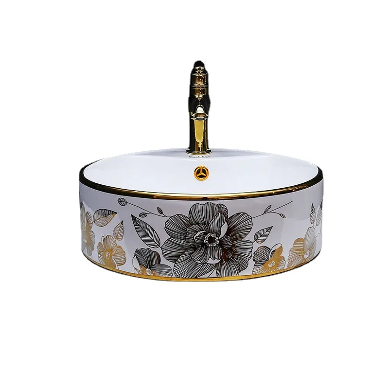 New electroplated color gold single-hole round ceramic wash basin, art basin on stage