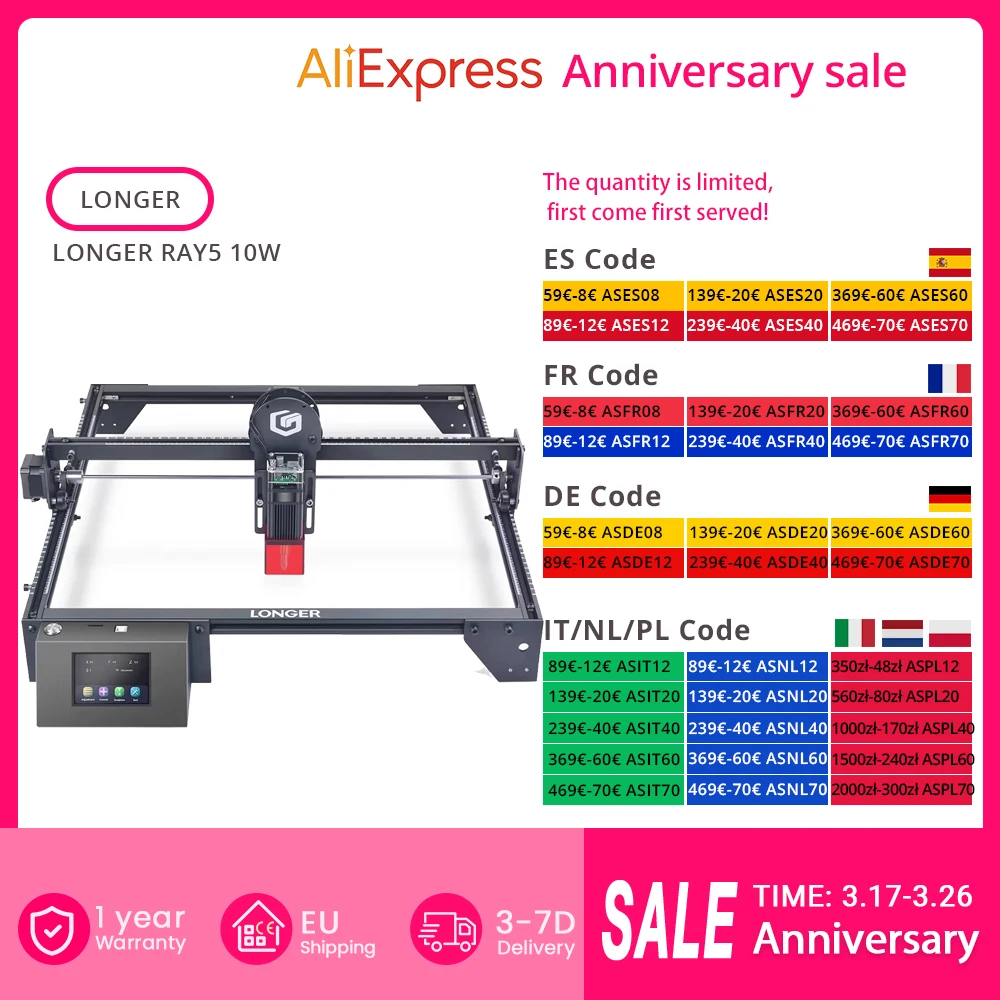 LONGER RAY5 10W Laser Engraver, 0.06x0.06mm Laser Spot, Touch Screen, Offline Carving, 32-Bit Chipset, Working Area 400x400mm