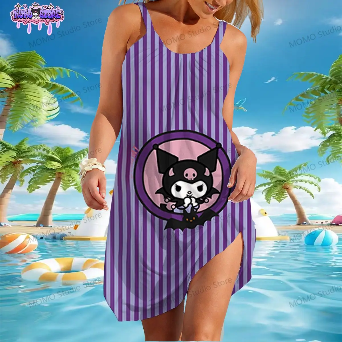 

Kawaii Women's Beach Dresses Kuromi Y2k New Dress Youthful Woman Clothes S-3XL 2024 Summer Sling Boho Sanrio One-piece Fashion