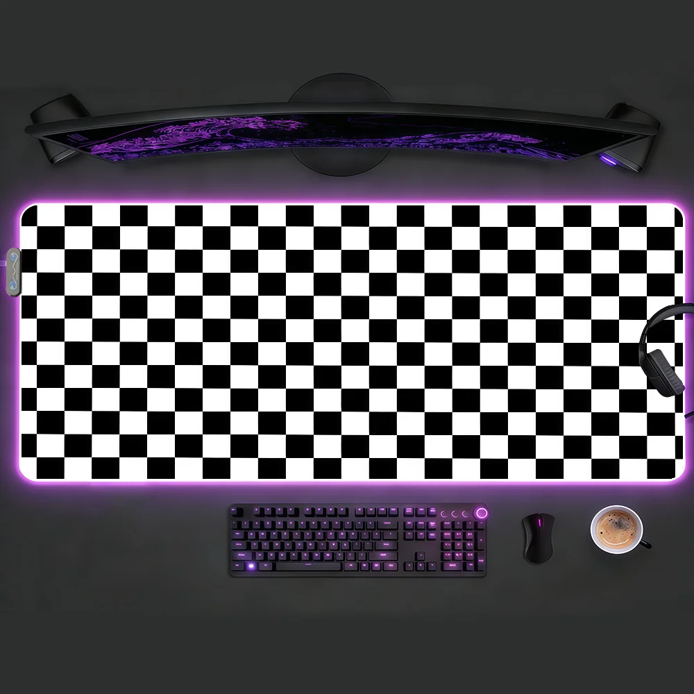 

Черно-белый клетчатый коврик для мыши с RGB-подсветкой, нескользящий, резиновый, для геймеров, большой XXL, для компьютера и офиса, для клавиатуры