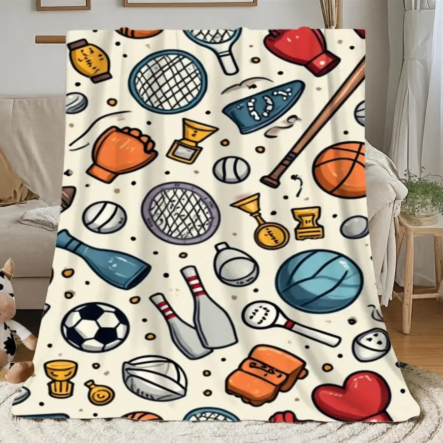 1pc Soft Warm Flannel Blanket Suitable for All Seasons - Hand-Drawn Sports Pattern with Multi-Sport Design (Soccer,, Tennis), Vibrant Throw for Bed, Couch, | Cozy Gift for,, | 280GSM Bedspread