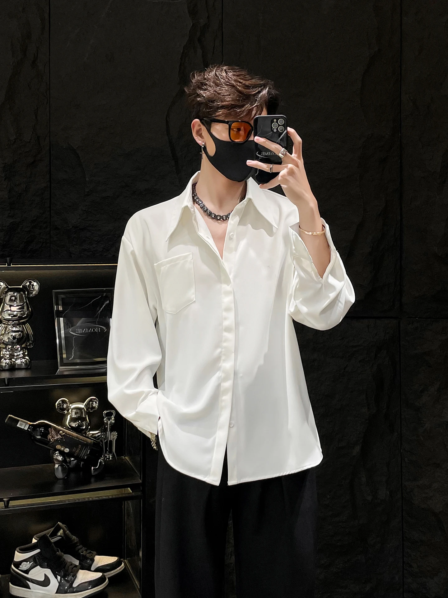 

Коврик HOMME, белый, с подкладкой, мужской, свободный, повседневный, длинный, све, с большим воротником, молодежный тренд, полиэфирное волокно