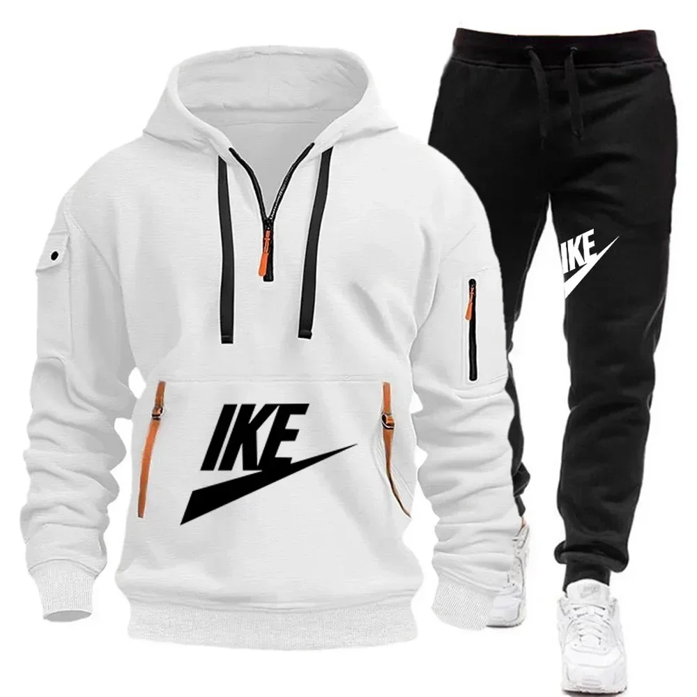 A new autumn and winter fashion men's casual sportswear set, featuring a warm hooded pullover and jogging pants in two pieces