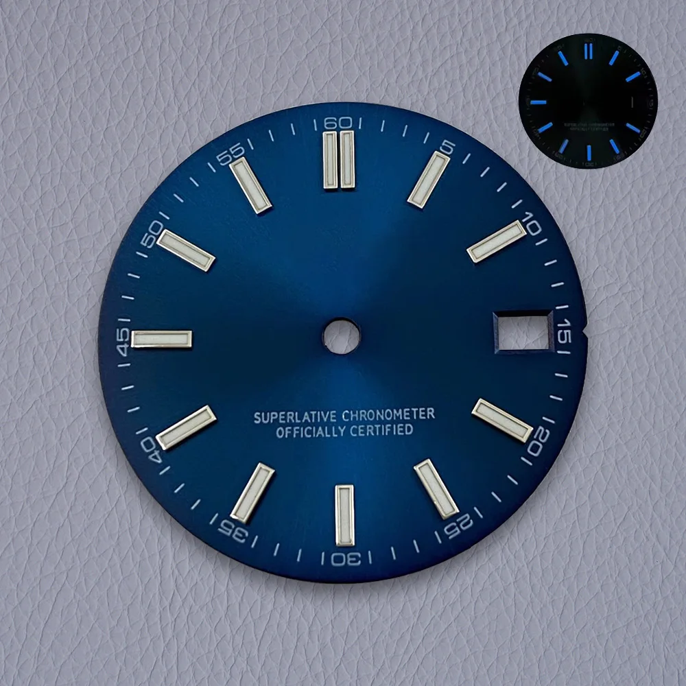 28.5mm S 로고 햇살 다이얼 NH35/NH36/4R 일본 무브먼트 블루 빛나는 고품질 다이얼 시계 수정 액세서리