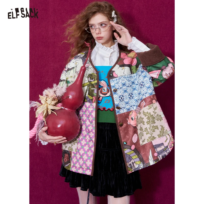 

ELFSACK Women New Oriental Style Retro Loose Fit Patchwork Jacquard Hand Painted Print Short Padded Jacket