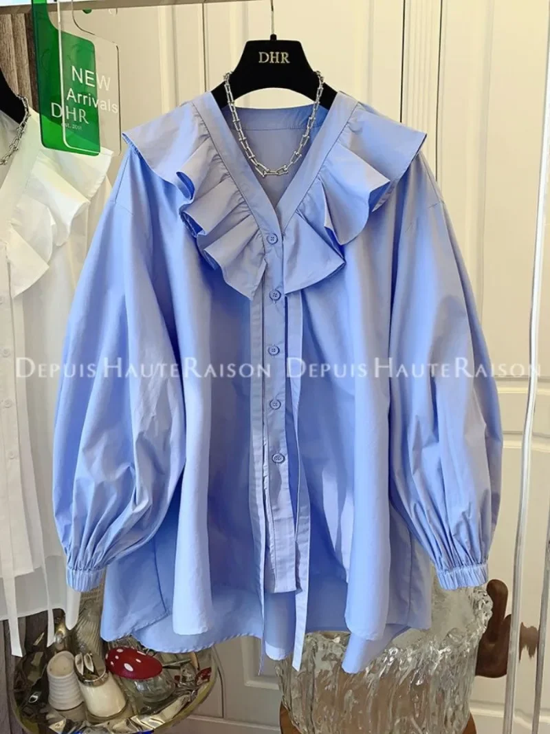

V Neck Sweet Ruffled Patchwork Roupas Femininas Blue Shirts Blusas Mujer De Moda Casual Spring Autumn Blouse Women Camisas Tops