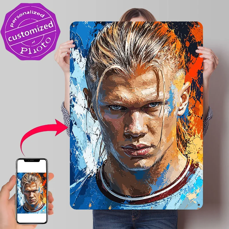 Erling Haaland Abstract Portrait Poster Retro 3D Printed Metal Signs Customized Wall Hanging Gift for Living Room Decoration