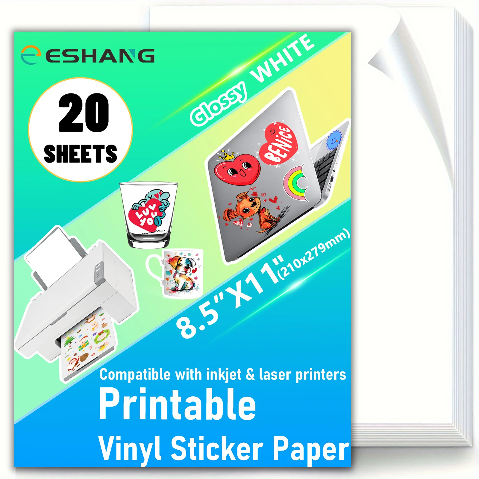 20 Sheets 8.5x11 Inch Printable Vinyl Paper Glossy White Sticker Sheets For Inkjet Printer - Letter Size Waterproof Sticker Pape