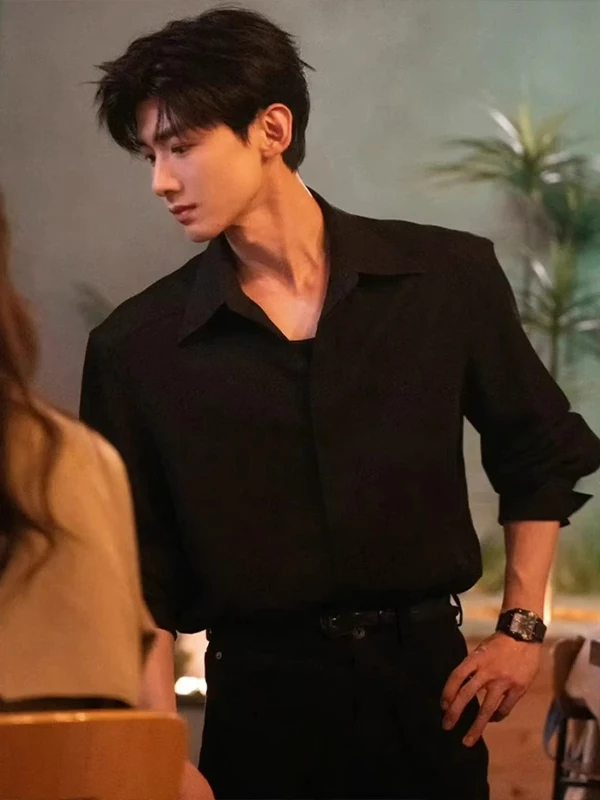

Black Long Sleeve Shirt for Men Spring Autumn High End Sensation Inner Wear Casual Loose Fit Youthful Style Sharp Collar Butt...