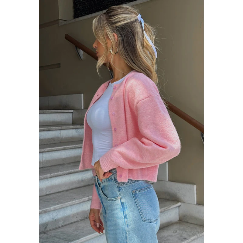 Cakulo Knitted Mohair Cardigans Women Solid O Neck Single Breasted Long Sleeves Sweaters 2025 Autumn Pink All-match Knitwear