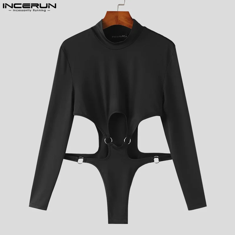 INCERUN 2023 Sexy Men\'s Rompers Hollow Deconstruction Design Jumpsuits Male Half High Neck Long Sleeved Triangle Bodysuits S-5XL