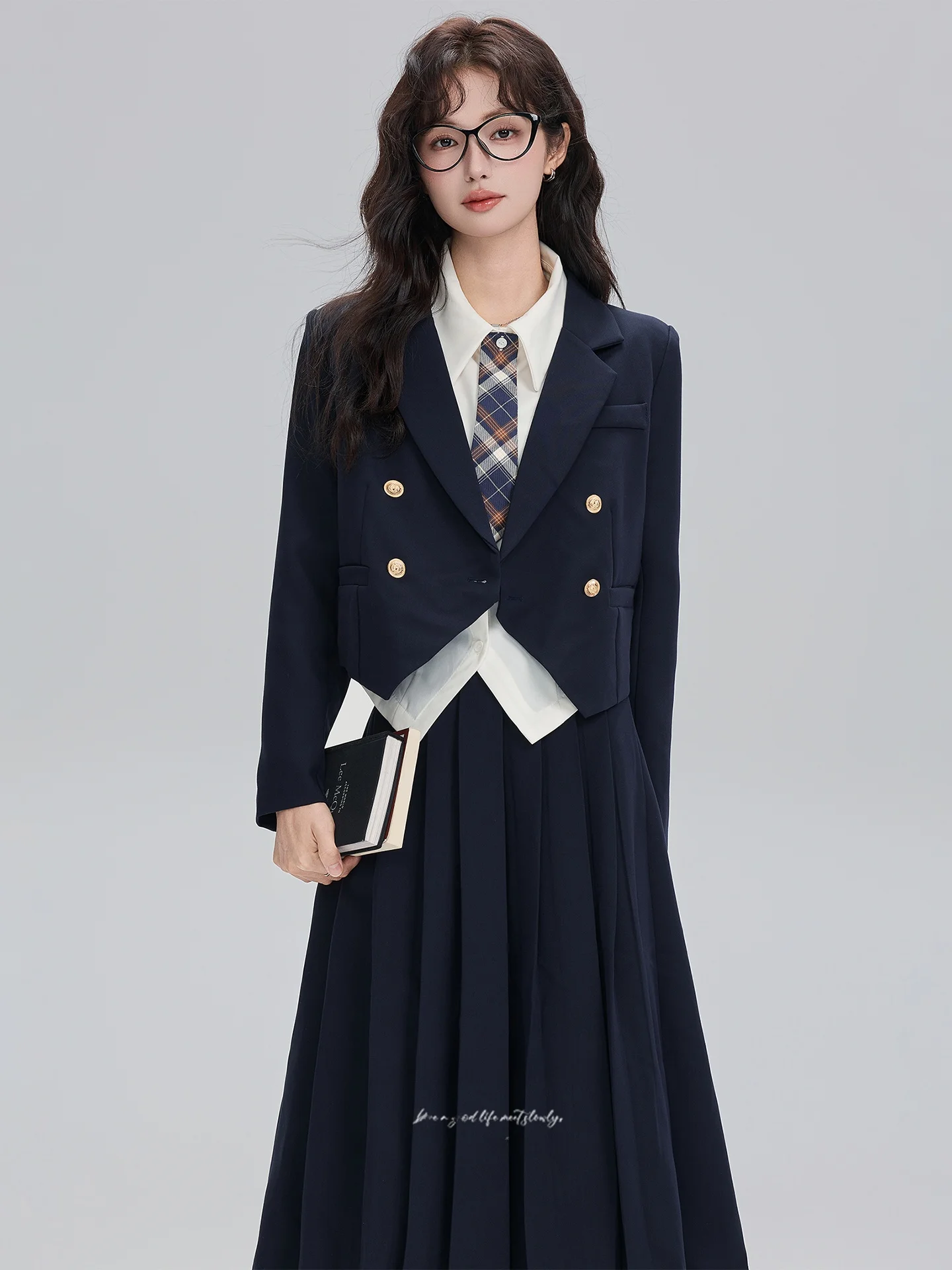 

Spring New Arrival Women's Preppy Style Short Suit Jacket And Skirt Set High Waist Pleated Design Winter Casual Date Wear