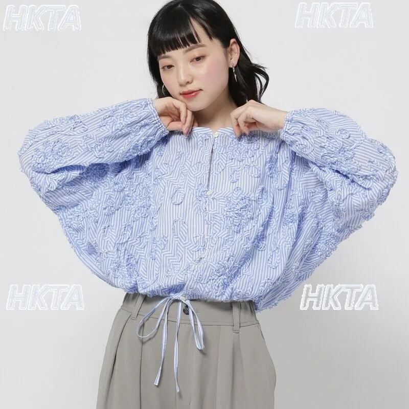 

Japanese Loose Round Neck Long Sleeved Shirt Summer New Sweet Three Dimensional Jacquard Drawstring Short Blouses Jacket Women