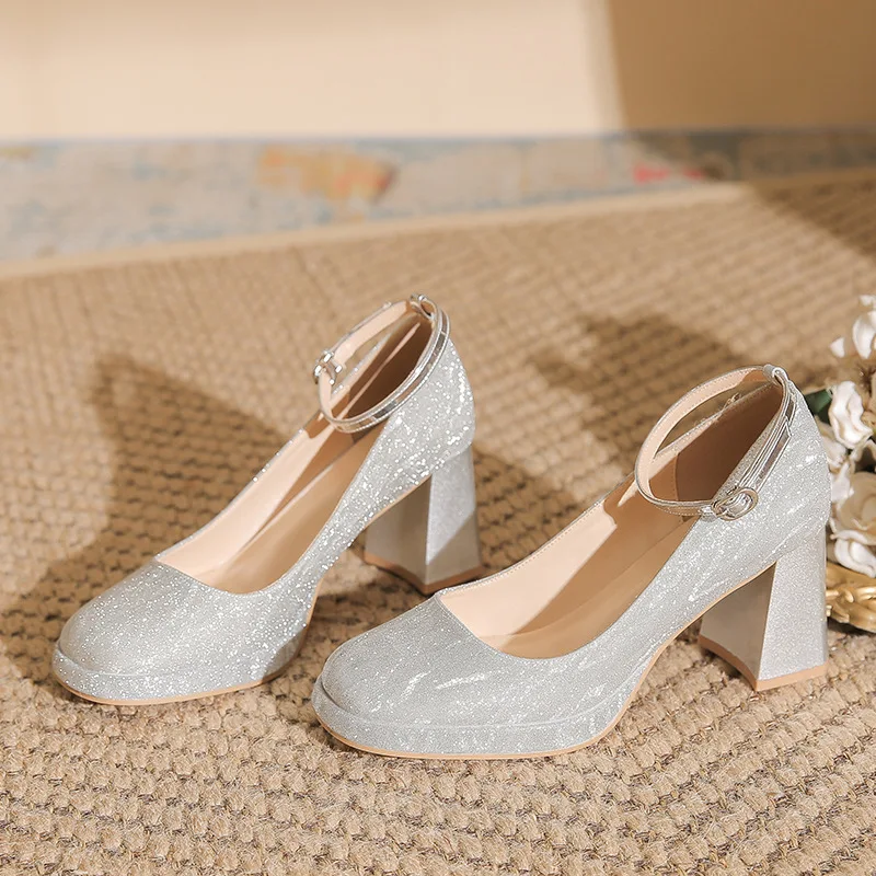 Womens Pumps Round Toe High Block Heel Textured Upper Platform Sole Ankle Strap Buckle Closure Dress Shoes