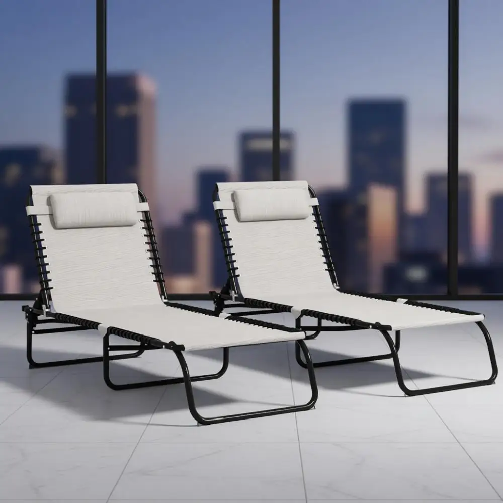 

Пара складных шезлонгов на открытом воздухе, регулируемое откидывание, сетчатое сиденье, кремовый для патио и у бассейна