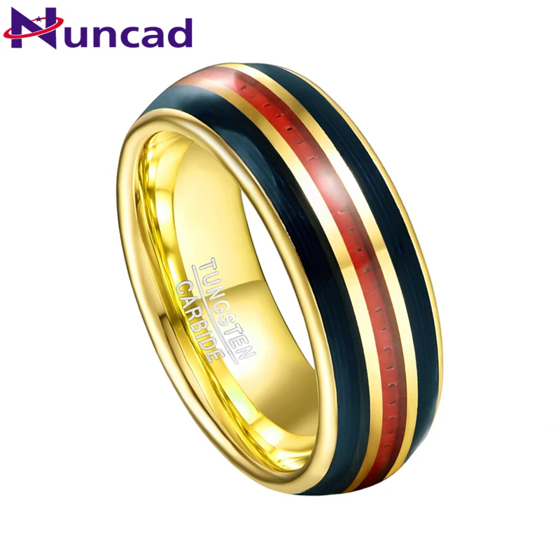 NUNCAD 8mm Electric Gold Inlaid Black Guitar Strings Red Carbon Fiber Dome Tungsten Carbide Ring Men's Wedding Jewelry Gift