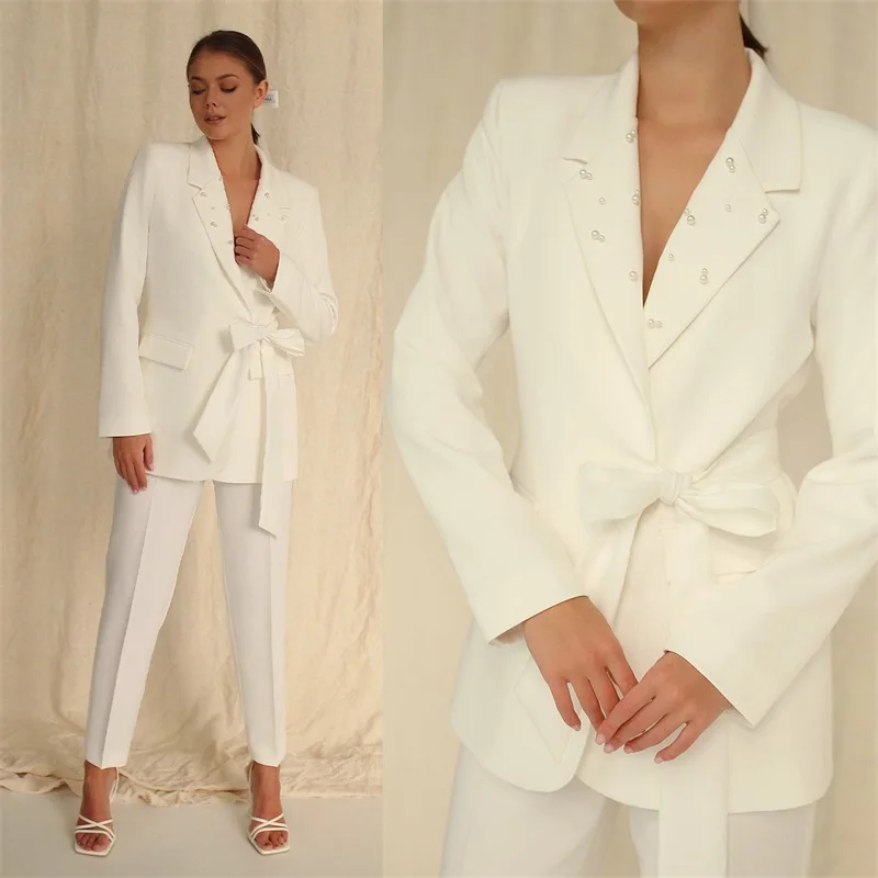 Witte Parels Vrouwen Pak Broek Set 2 Stuk Tie Taille Blazer Formele Tuxedo Met Riem Костюм Женский Prom Jurk custom Made