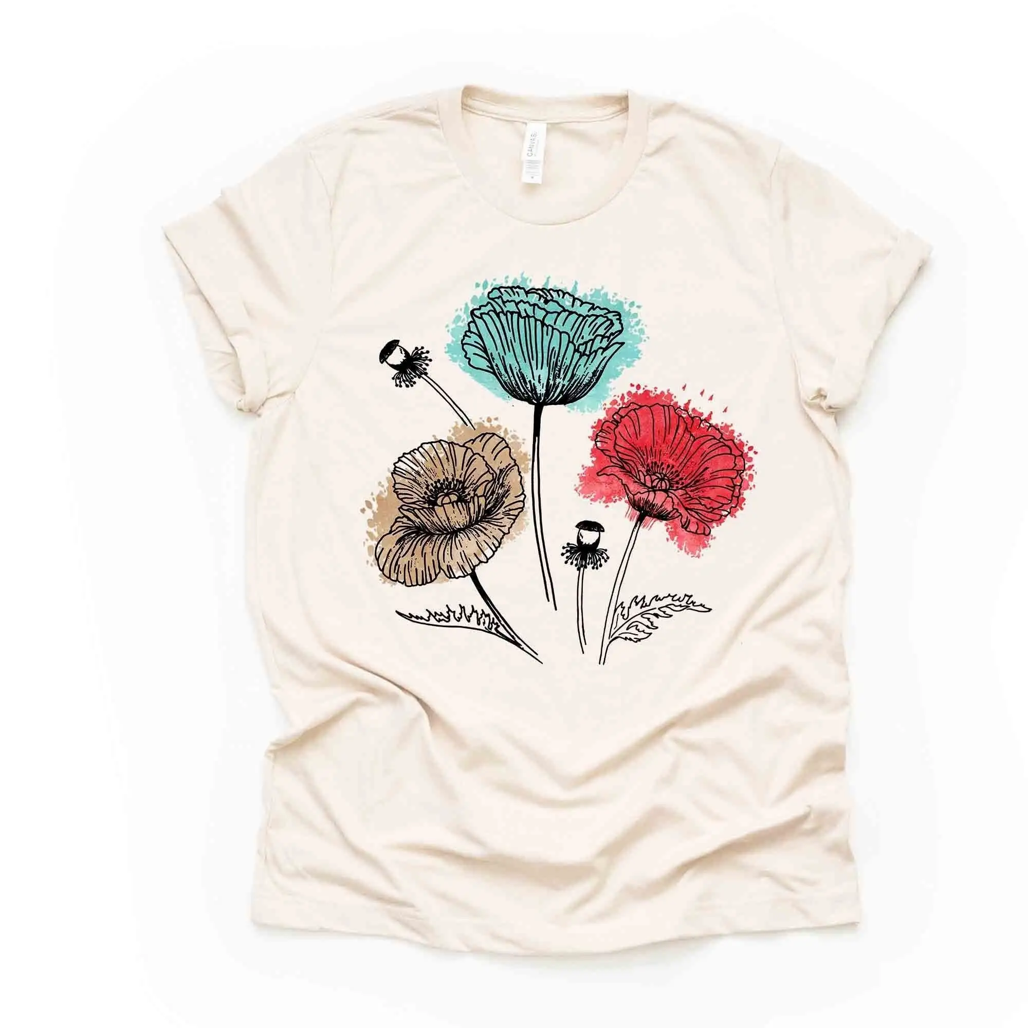 Watercolor 3 Flowers Silhouette Teal Tan And Orange Flower Design Premium Unisex Shirt Color Choices 3X Wildflowers 4X