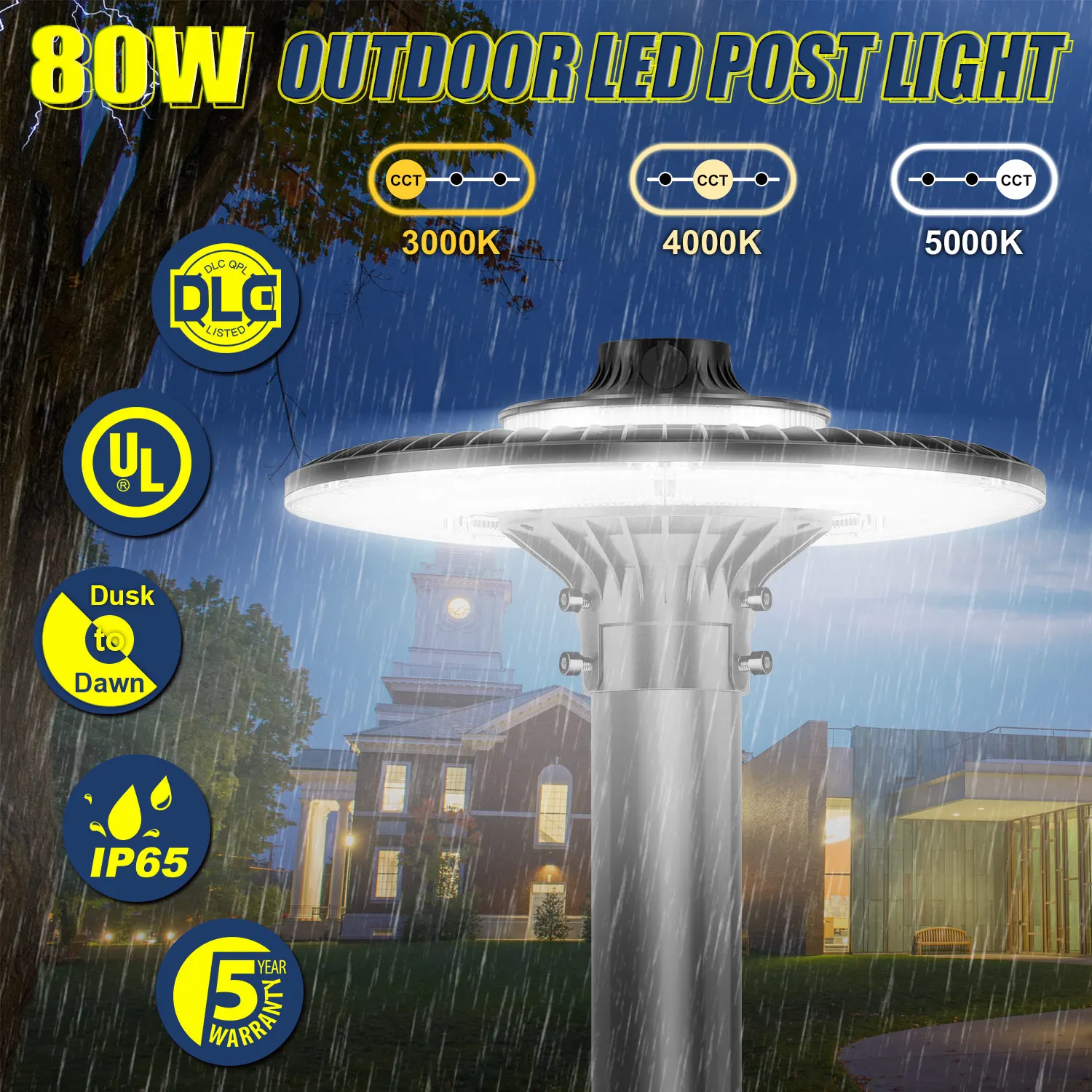 80W Outdoor LED Post Light Fixture CCT Tunable IP65 Waterproof LED Circular Area Lights for Street Garden Pathway