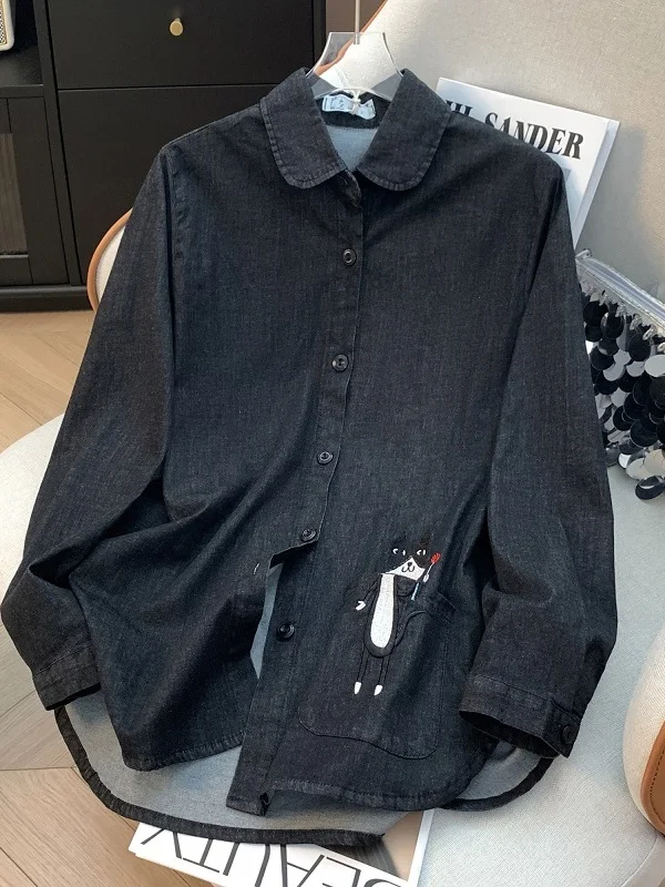 

Loose Casual Embroidered Pure Cotton Denim irt Women plus Size Comfortable Breathable Daily Wear Cartoon Design