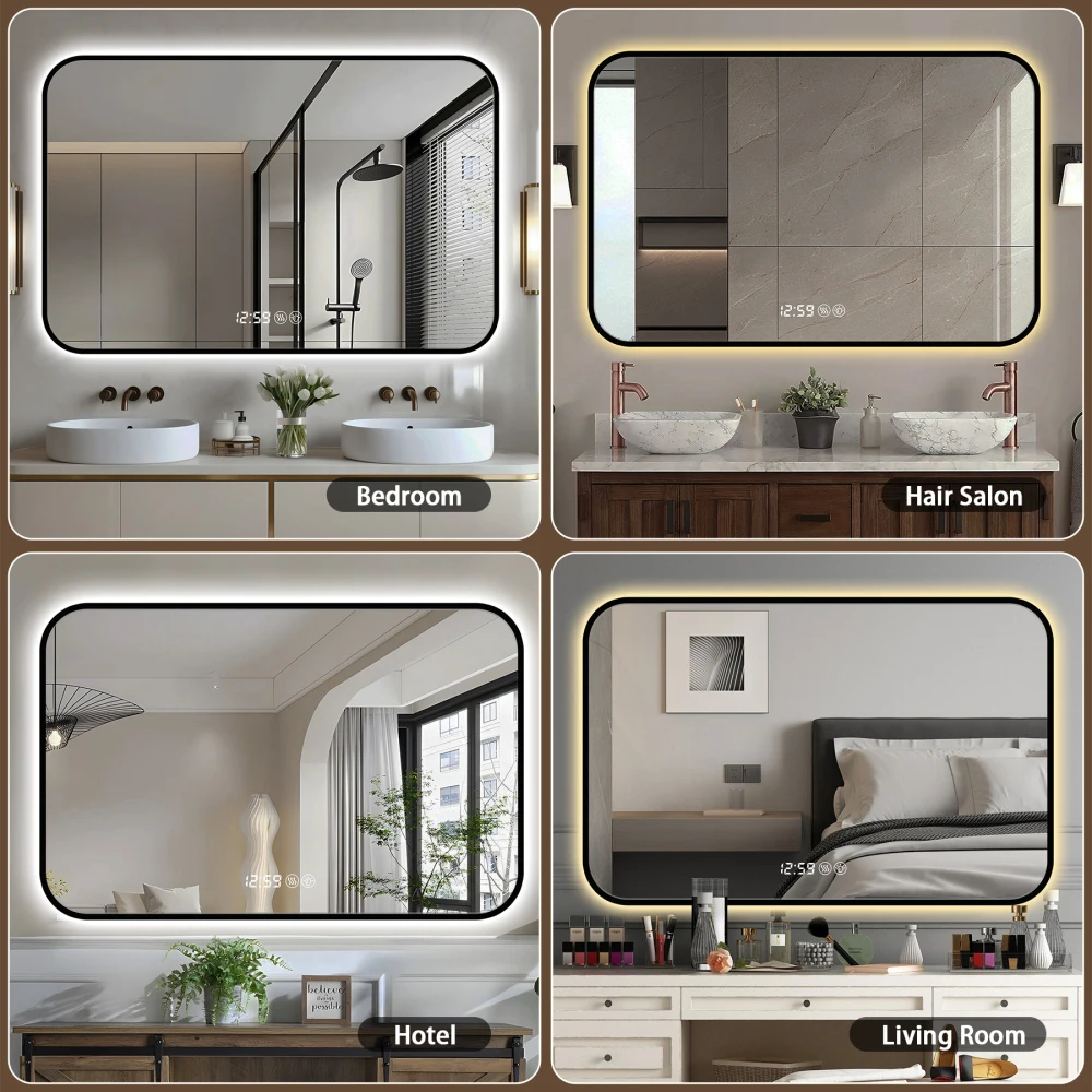 

Зеркало для ванной 29x39 с закругленными углами, LED-подсветкой, HD-стеклом из закаленного стекла, алюминиевой рамой, функцией антизапотевания, трехцветной подсветкой и дисплеем температуры