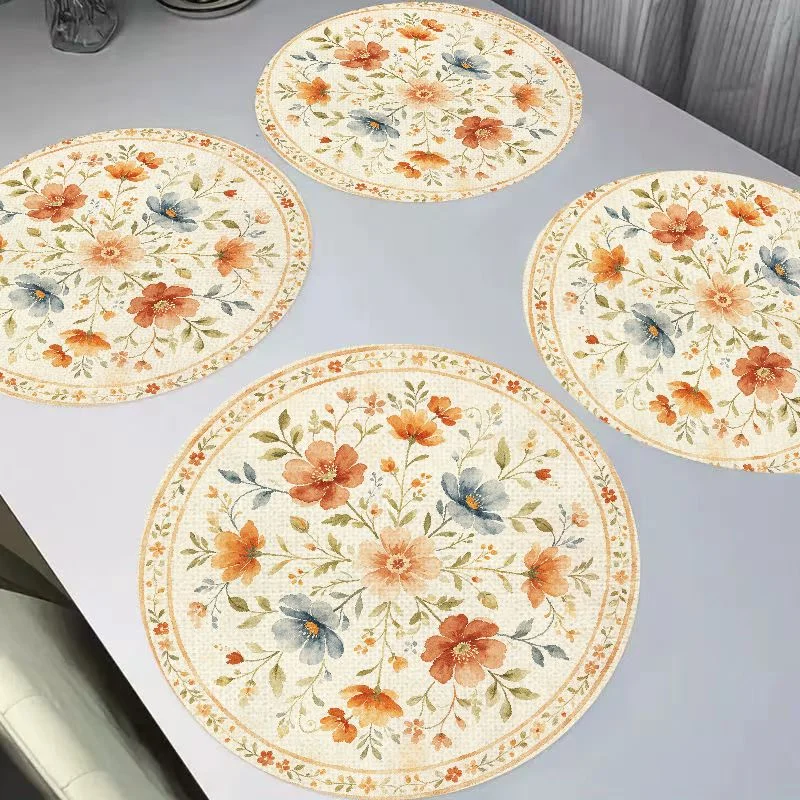 VIKAMA French Retro Watercolor Round Linen Table Mat Insulation and Wear resistant Table Mat Desktop Decoration