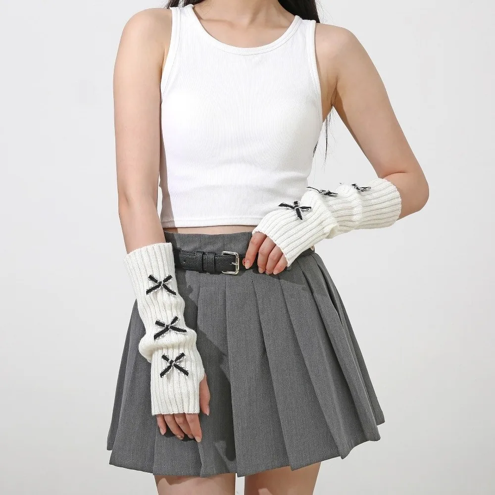 Cute Thicken Bow Arm Warmers Soft Knitted Long Knit Y2K Fingerless Gloves Sweet Bowknot Sleeve Cover Girl