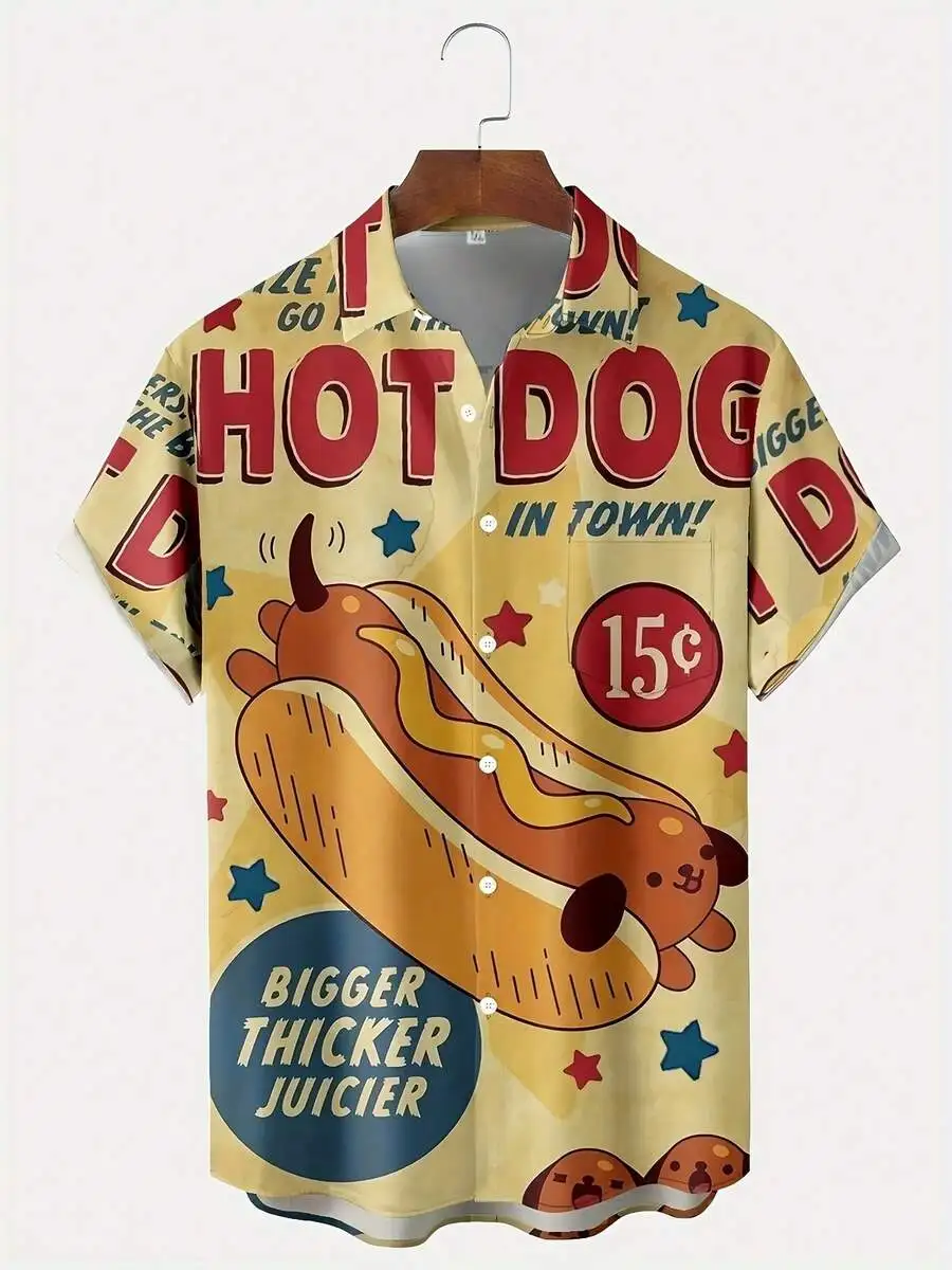 

Retro Cartoon Hot Dog Print Casual Mens Short Sleeve Button Up Shirt