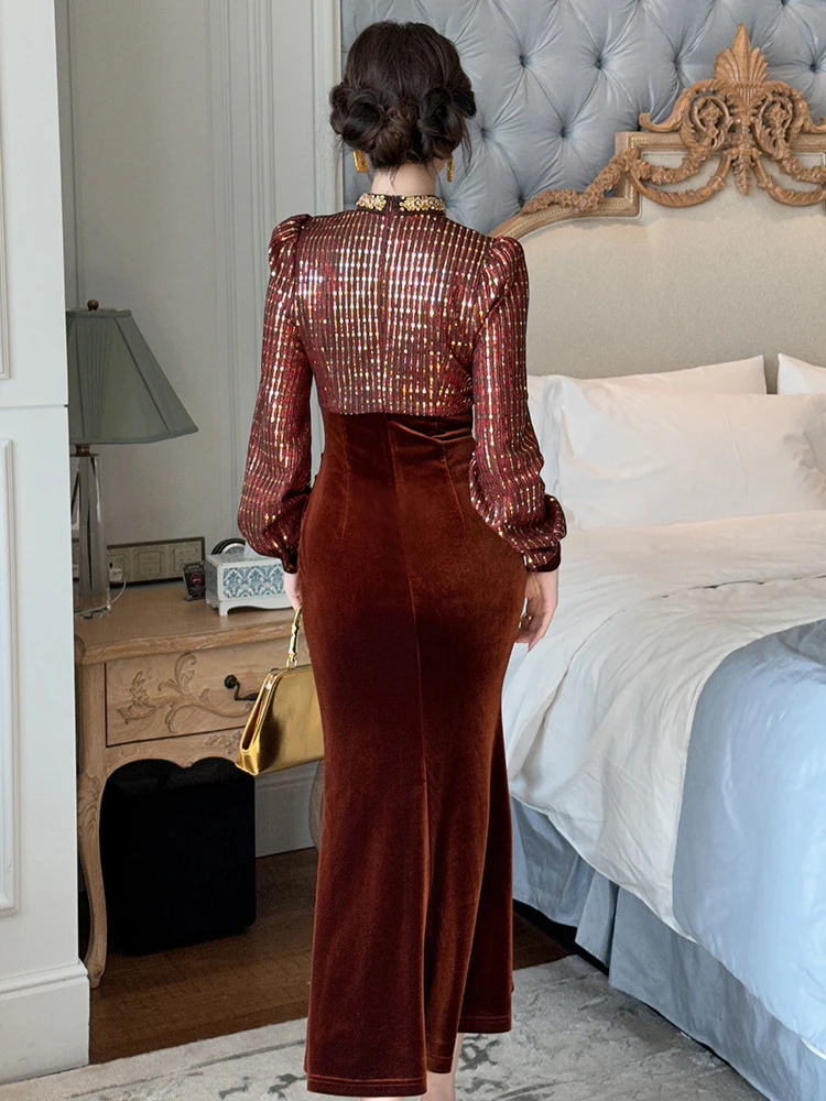 French Elegant Evening Dresses for Women Velvet Hollow Gold Sequins Luxury Diamond Prom Fishtail Robe Femme Party Vestidos Lady