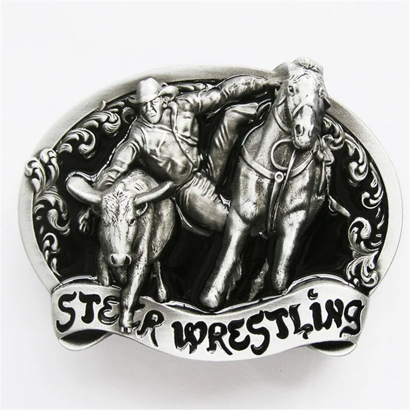 New Vintage Black Enamel Rodeo Steer Wrestling Western Belt Buckle Gurtelschnalle Boucle de ceinture BUCKLE-WT105BK