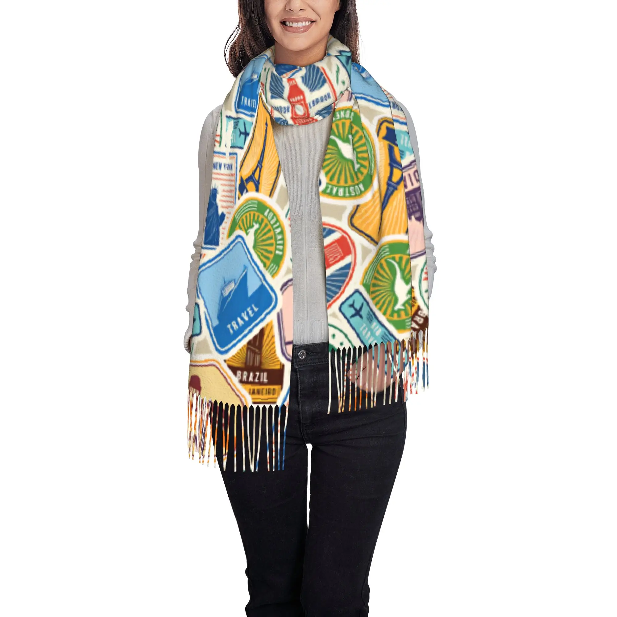Custom Lady Long Vintage Air Travel Landmark Badge Collage Print Scarves Women Winter Soft Warm Tassel Shawl Wraps  Scarf