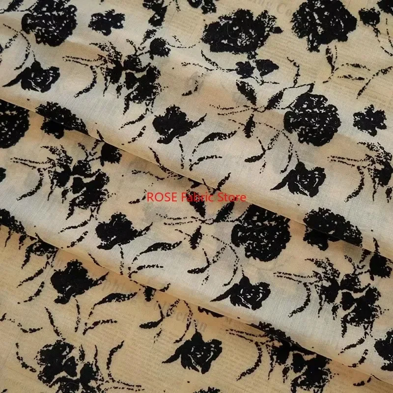 Retro Classic Black Rose Flocking Fabric for elegant style dress, table dress, curtain, Designer Fabric