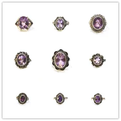 Nepal Hand 925 Sterling Silver Inlaid Vintage Faceted Amethyst Rings for Lady T9084