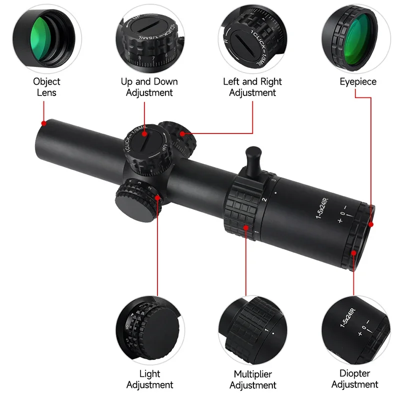 Tractical 1-5x24IR Long Eye Relief Rifle Scope Red & Green Illuminated Reticle Hunting Optical Shooting Sight for 11mm/20mm