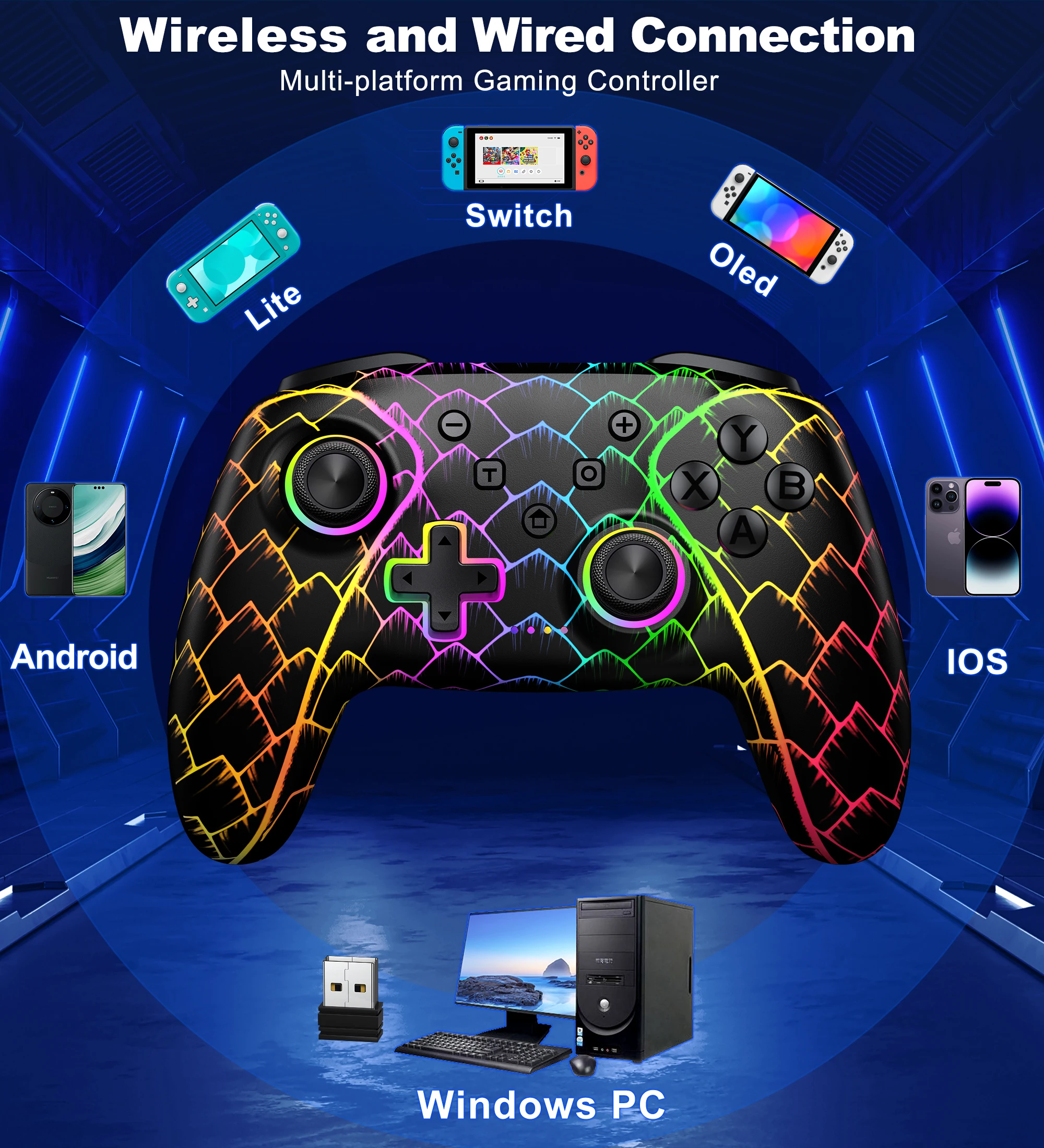 Dinofire Wireless Bluetooth RGB Controller for Nintendo Switch/Switch OLED/Lite Mobile Wired PC Gamepad Multi-Function Joystick