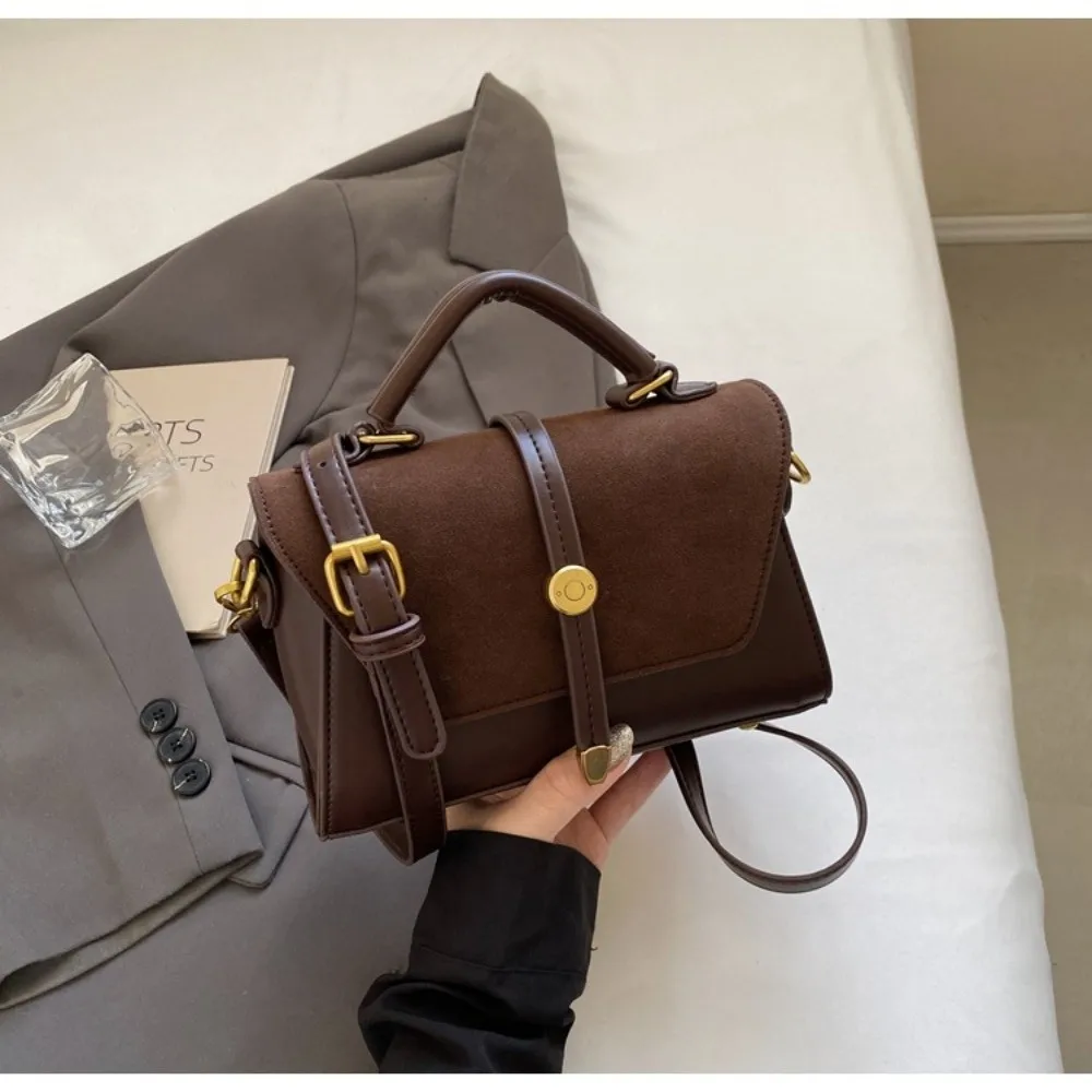 

Golden-Tone Hardware Faux PU Crossbody Bag Suede Fabric Square Adjustable Strap Handbag Trendy Stylish Flap Closure Shoulder Bag
