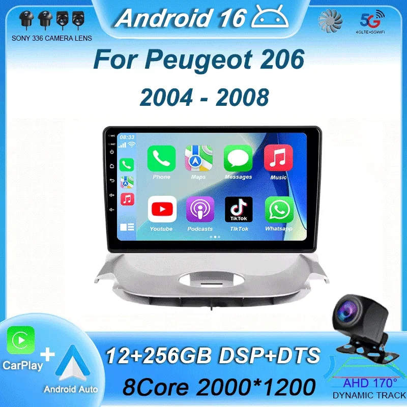 Android 16 QLED Screen For Peugeot 206 2004 - 2008 Multimedia Car Player Auto Radio Navigation Head Unit GPS No 2Din DVD Stereo