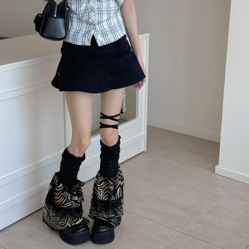 Y2k Leg Warmers Leopard Print Strap Splicing Leg Cover Knee Socks Stockings Women JK Girl Leg Warmer Foot Cover Long Socks Women