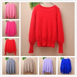 01 Female Women Fall Winter Clothing Hairy Mink Cashmere Knitted O-Neck Slim Blouses Pullover Angora Fur Jumper Sweater Pull Top