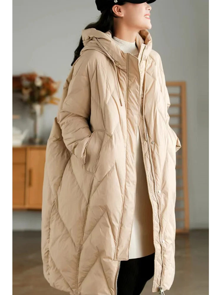 Cappotto lungo allentato da donna, piumino spesso, piumino con cappuccio, parka di piume, soprabito femminile, autunno, inverno, 2024