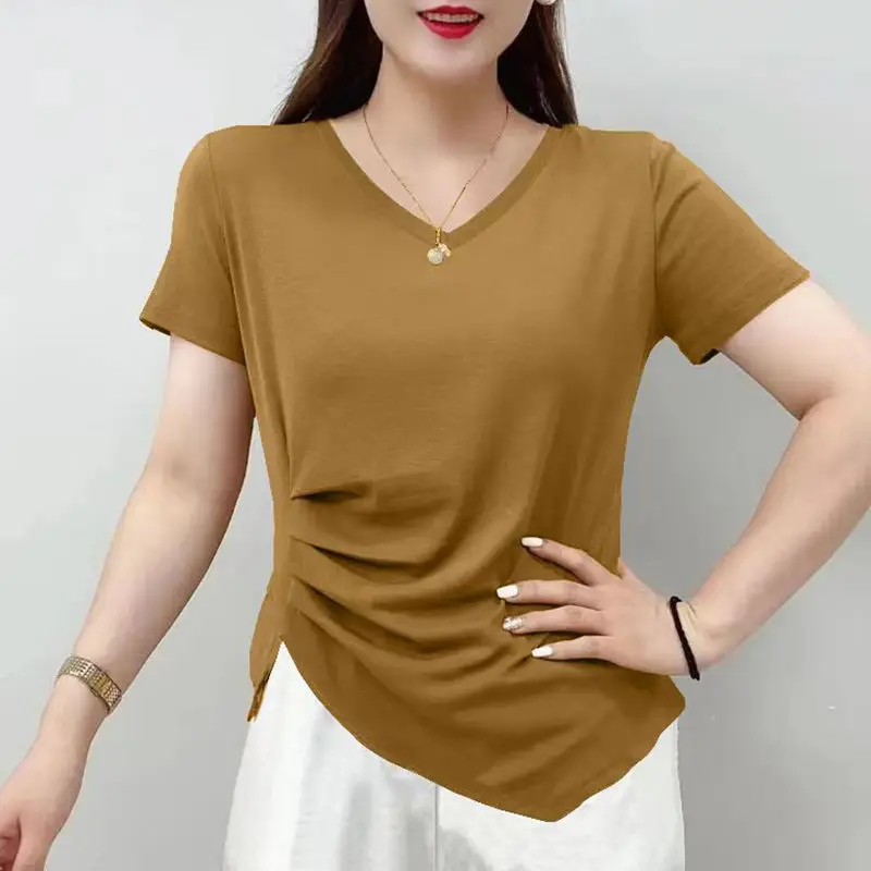 Summer New Elegant Fashion V-neck Short Sleeved T-shirt Women\'s Solid Asymmetric Patchwork Slim Versatile Folds Pure Cotton Top