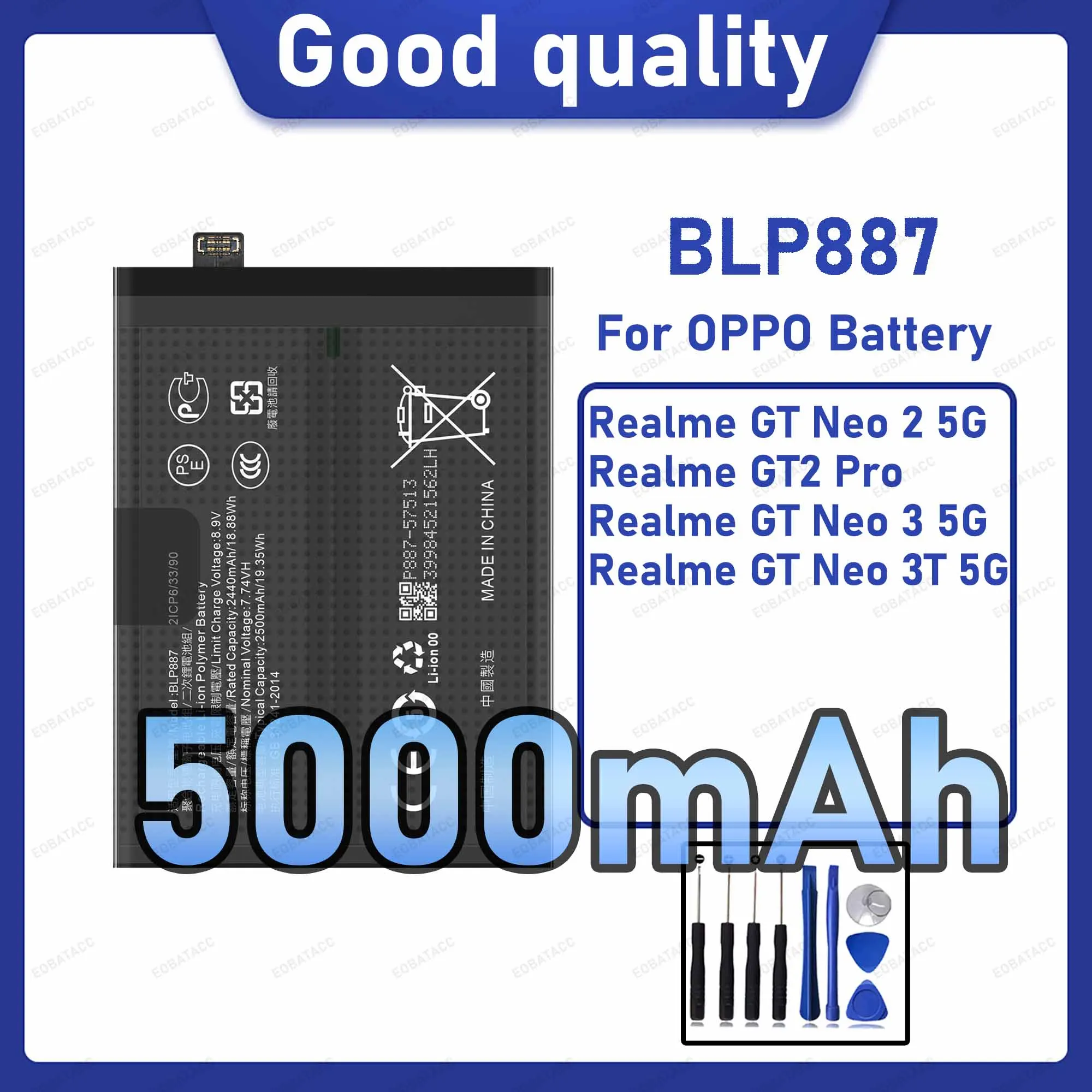 5000 mAh BLP887 Ersatzakku für OPPO Realme GT Neo 2 5G/Realme GT2 Pro mit Reparaturwerkzeug-Set