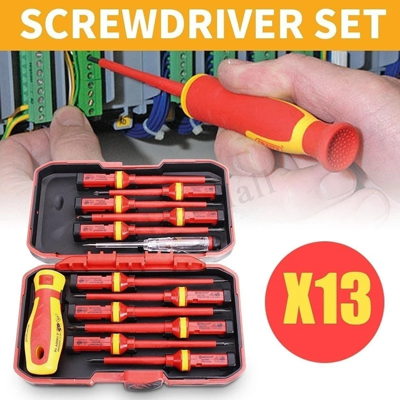 Electrician Repair Tools Kit 13pcs 1000V Changeable Insulated Screwdrivers Set with Magnetic Slotted Bits