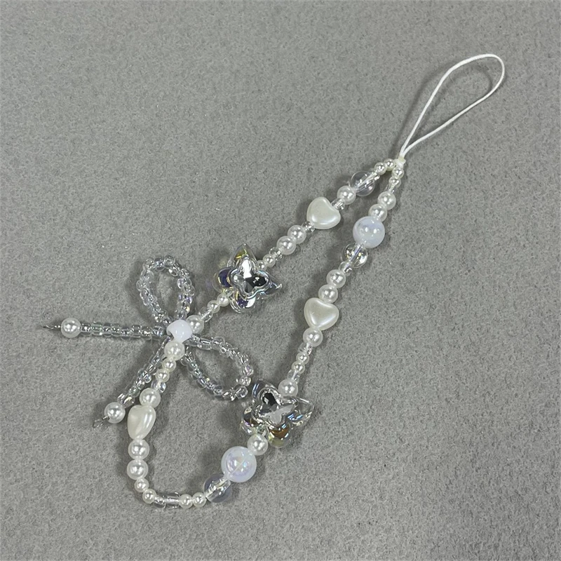 Korean Cute Clear Butterfly Bow Pearl Beads Beaded Phone Chain For iPhone Camera Hanging Rope Anti-Lost Lanyard Hanging Jewelry