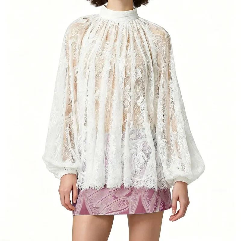 KEXU Women Summer Mock Neck Solid Lace Blouse, Lantern Sleeve Sheer Lace Top Elegant Layering Base Shirt