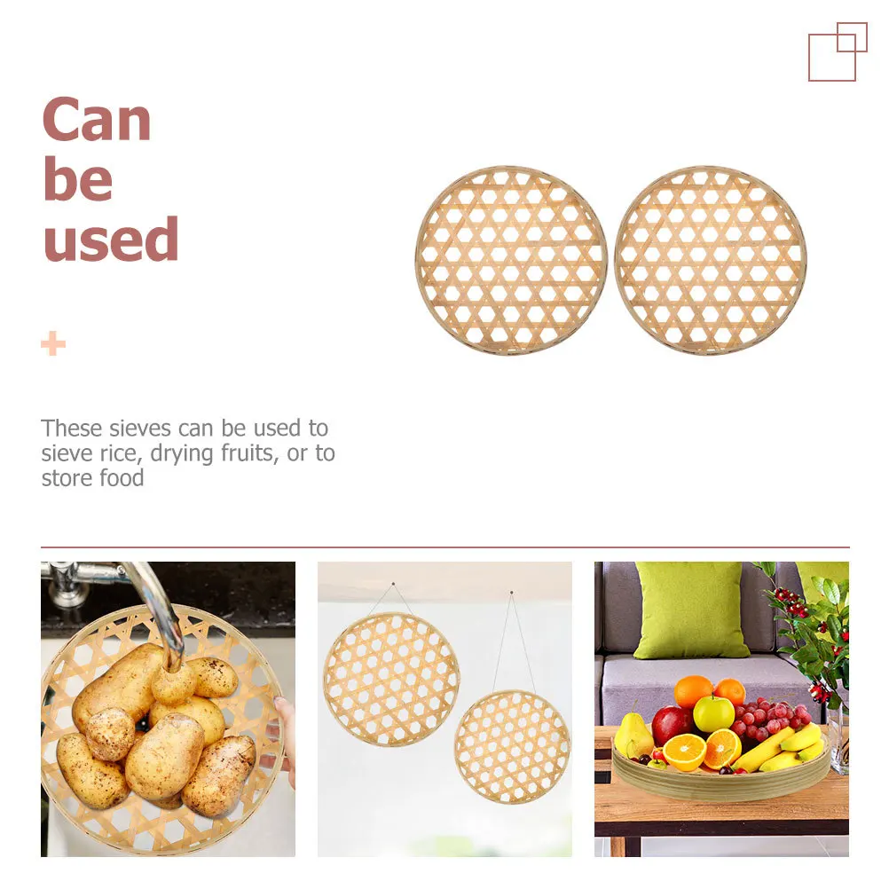 

2Pcs Bamboo Sieves Premium Handmade Food Tray for Kitchen Storage Drying Fruits Vegetables Rice Chinese Weaving Basket